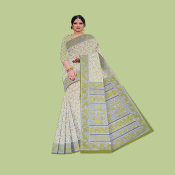 Women’s Traditional 100% Pure Cotton Saree (White Yellow)