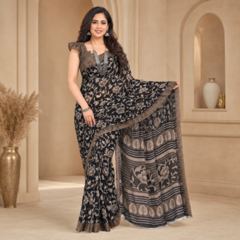 Elegant Black & Beige Floral Printed Designer Saree