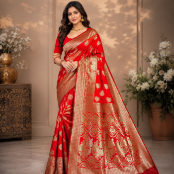 Luxury Red Banarasi Silk Saree with Rich Gold Zari Weaving | Traditional Wedding & Festive Wear Saree