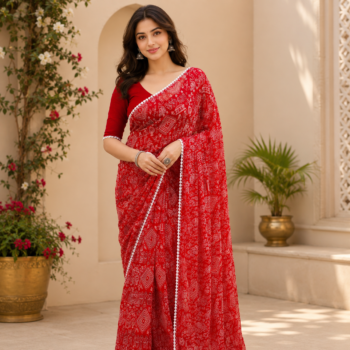 Red Printed Georgette Saree with Designer Lace Border | Elegant Party & Festive Wear Saree