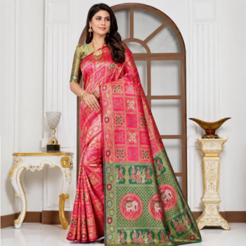 Premium Pink Paithani Silk Saree with Green Pallu | Traditional Woven Designer Banarasi Style Saree for Wedding & Festive Wear