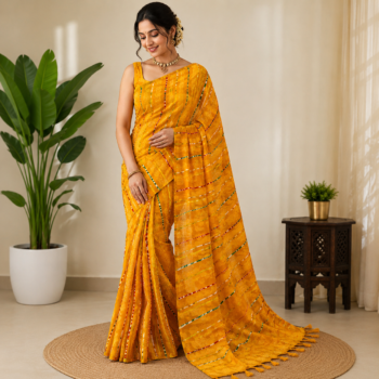 Women's Yellow Woven Cotton Blend Saree with Multicolor Stripes | Soft Traditional Ethnic Wear